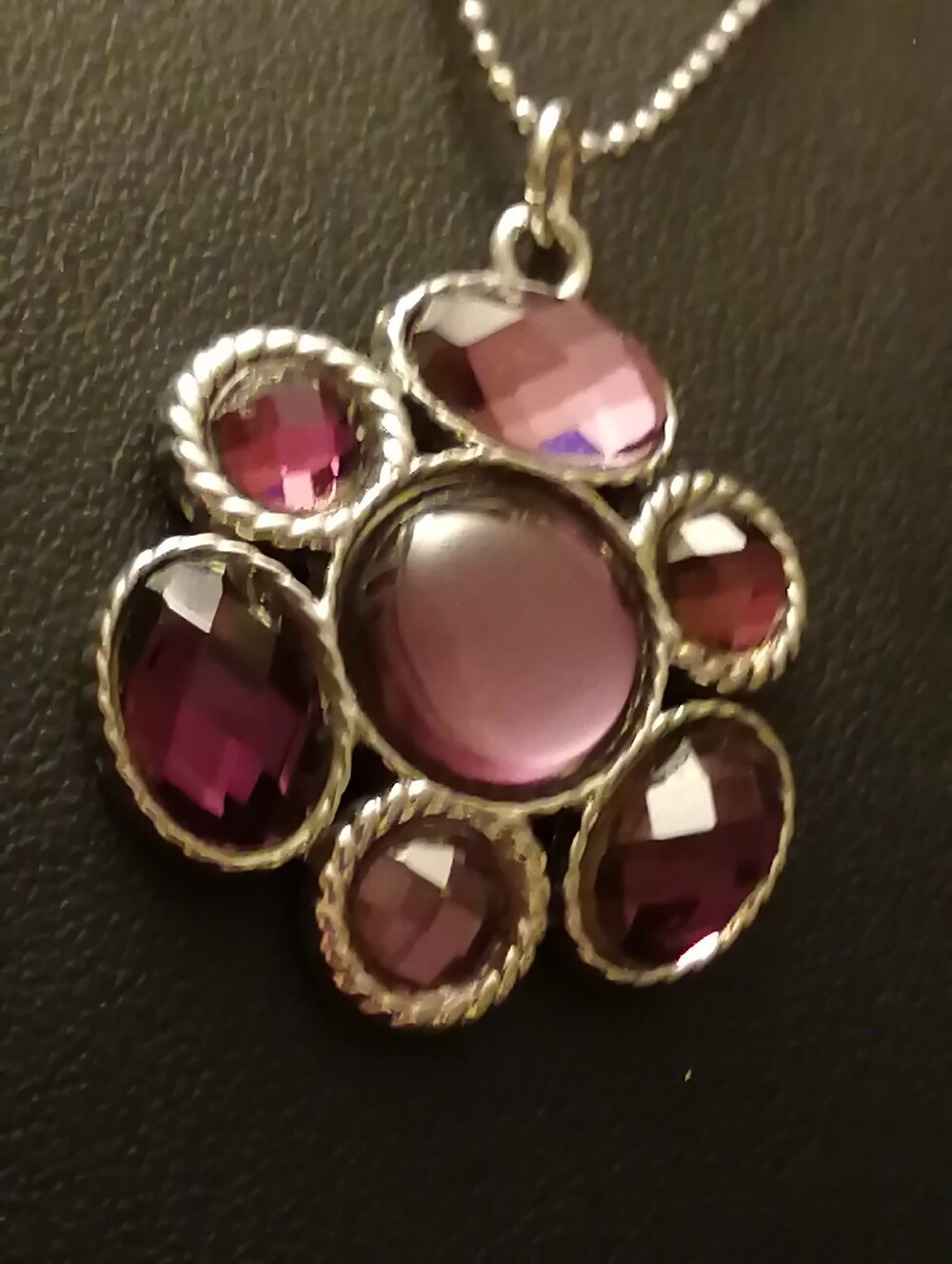 Amethyst Glass Flower Pendant Necklace 16"+2.5" Long